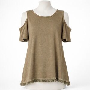 Fate by LFD Olive Green Cotton Linen Cold Shoulder Fringe Hem Top L Y2K Grunge